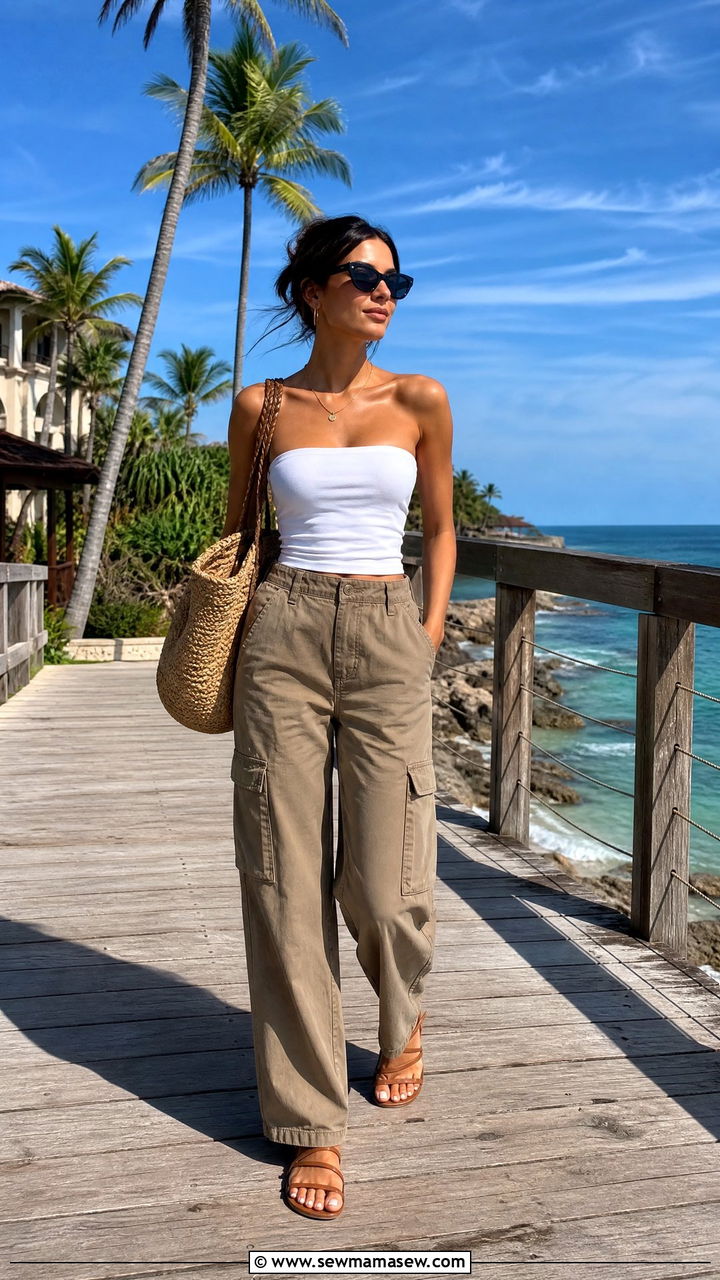 Khaki cargo pants with a tube top - 25 Khaki cargo pants outfit ideas