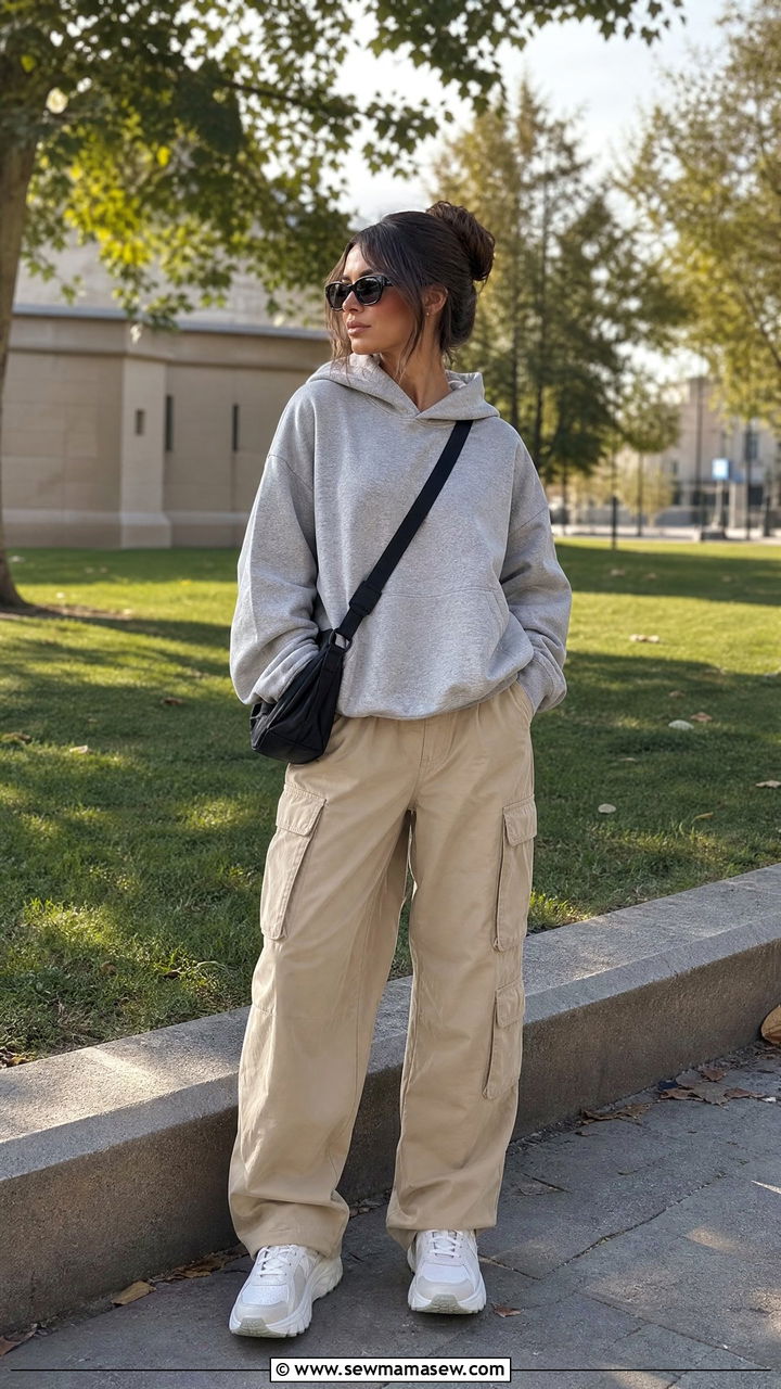 Khaki cargo pants with an oversized hoodie - 25 Khaki cargo pants outfit ideas