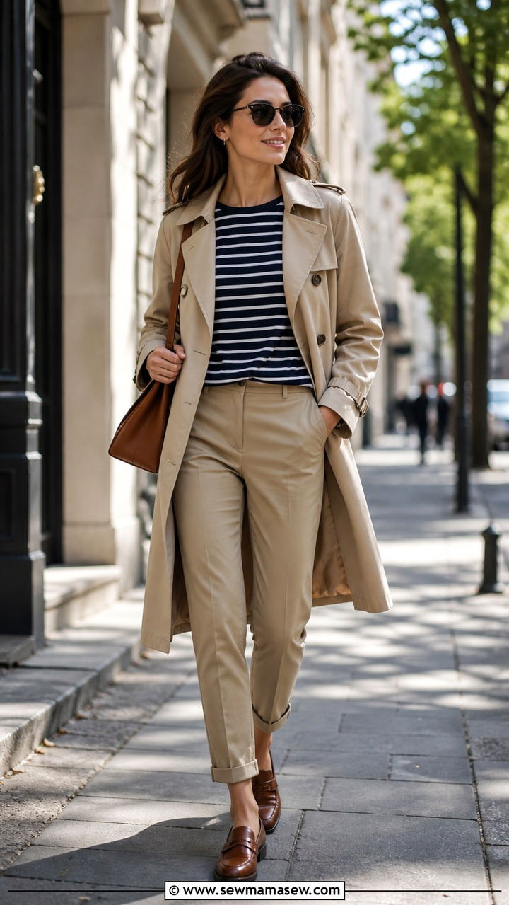 Khaki chinos with striped top and classic trench coat - 40 casual office outfits