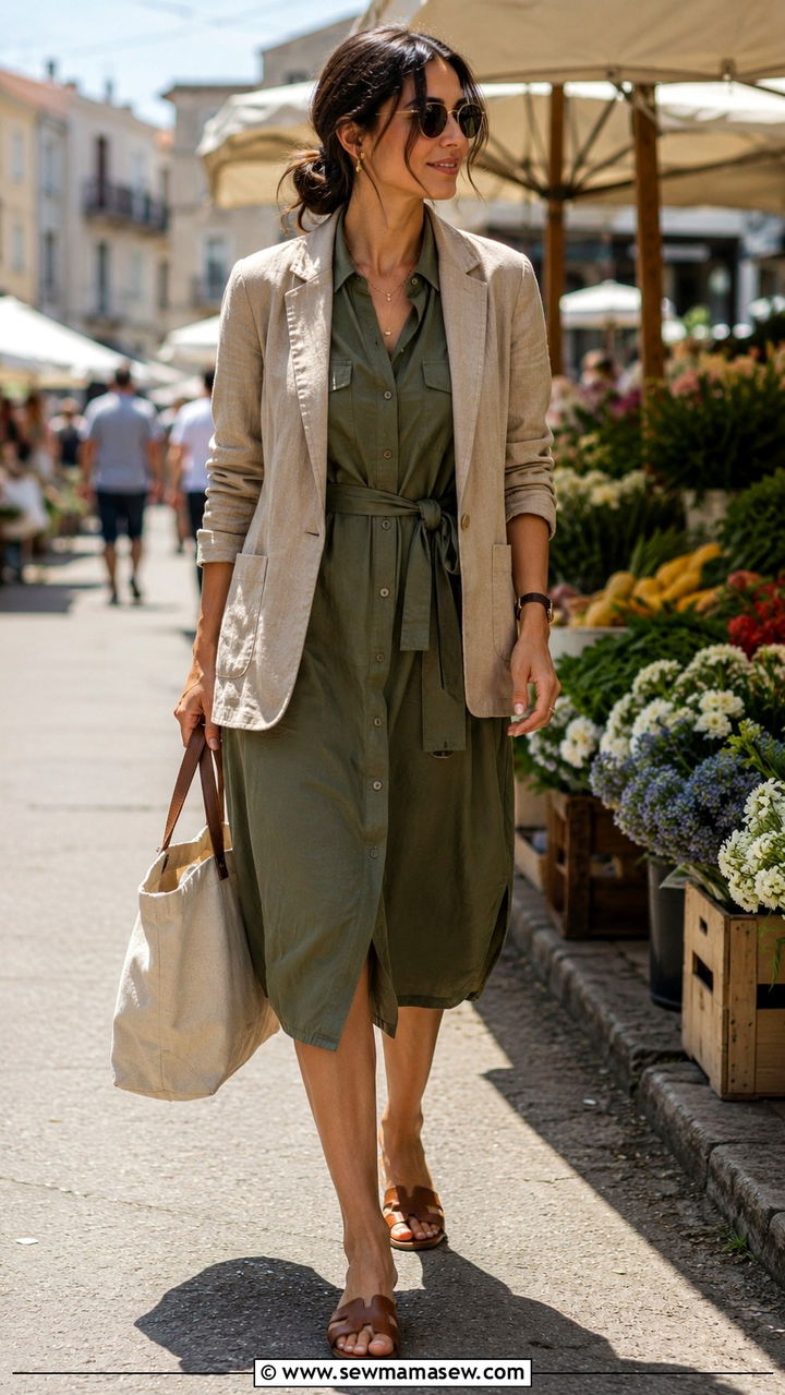 Khaki linen blazer with olive shirt dress - 30 Linen blazer outfit ideas with a dress