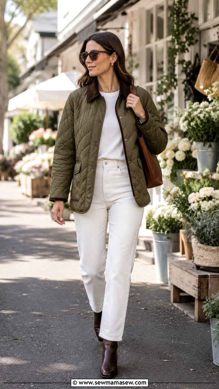 Khaki quilted jacket with white jeans - 25 Old money outfit ideas with quilted jacket
