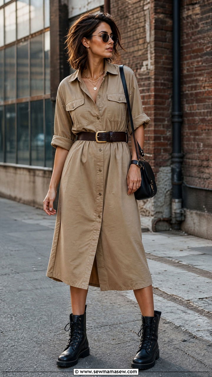 Khaki shirt dress with brown belt and combat boots - 25 Shirt dress outfit ideas with a belt
