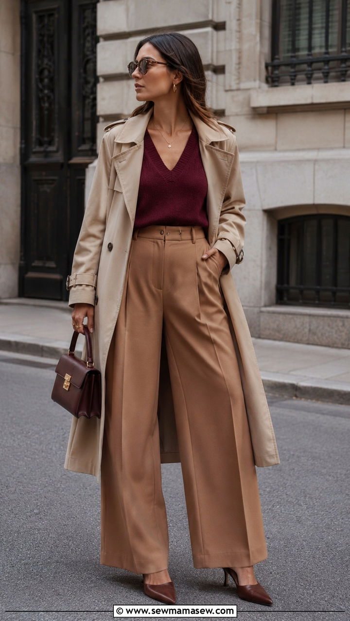 Khaki trench coat with V neck sweater and wide leg trousers - 30 Khaki trench coat outfit ideas with a sweater