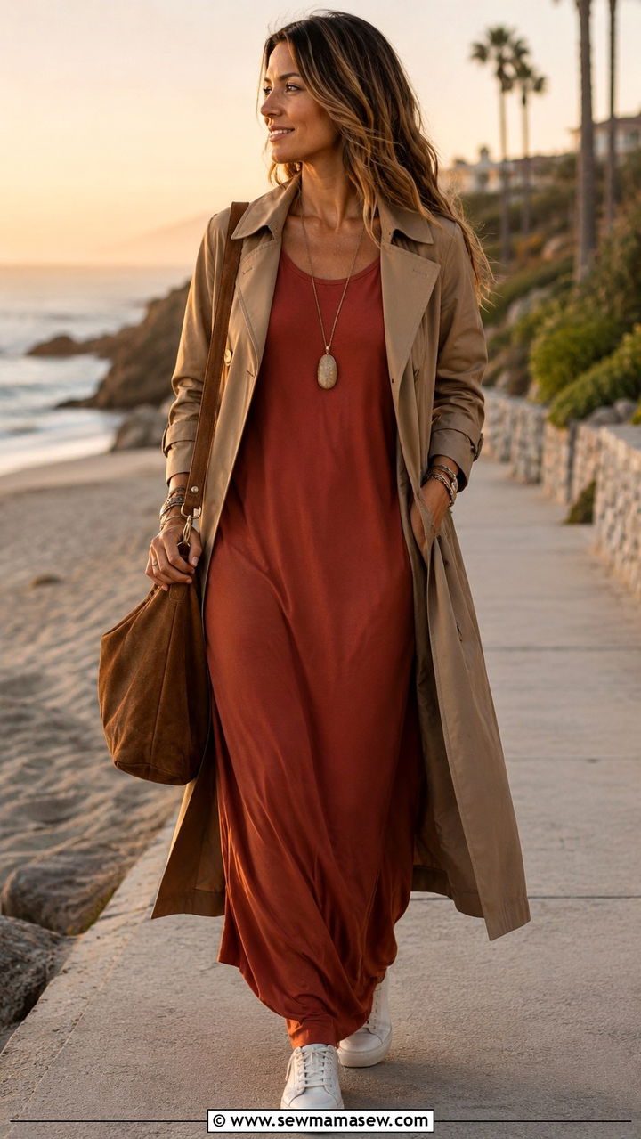 Khaki trench coat with a maxi dress and sneakers - 30 Khaki trench coat outfit ideas with sneakers