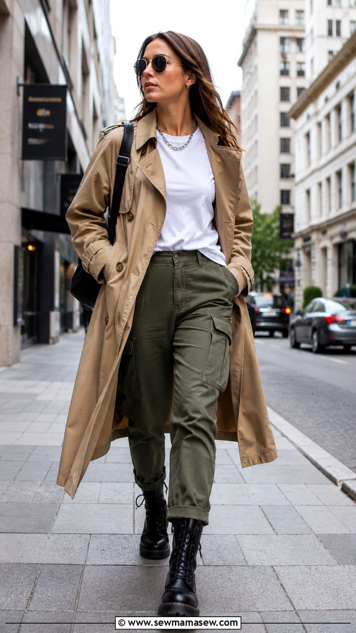 Khaki trench coat with a plain white tee cargo pants and combat boots - 30 Spring outfits with trench coat