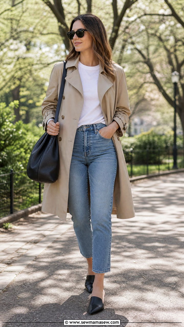 Khaki trench coat with a white tee ankle jeans and mules - 25 Spring outfits with mules
