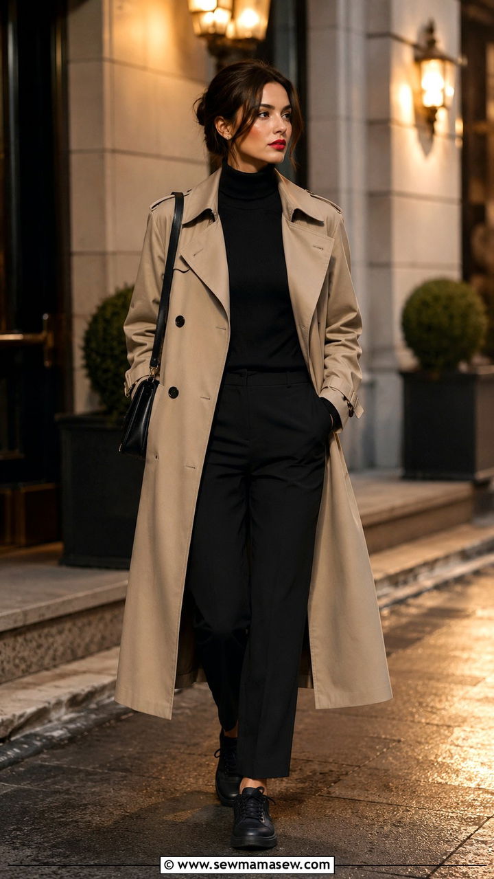 Khaki trench coat with all black outfit and black sneakers - 30 Khaki trench coat outfit ideas with sneakers