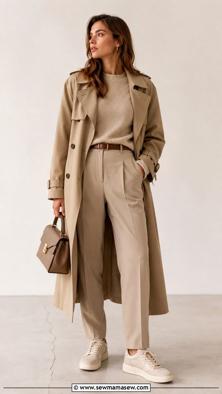 Khaki trench coat with beige monochrome outfit and sneakers - 30 Khaki trench coat outfit ideas with sneakers