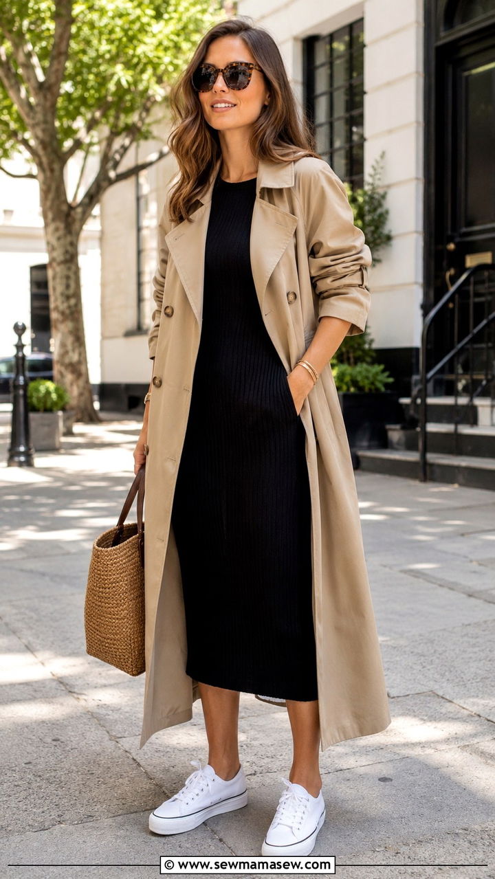 Khaki trench coat with black midi dress and sneakers - 30 Khaki trench coat outfit ideas with sneakers