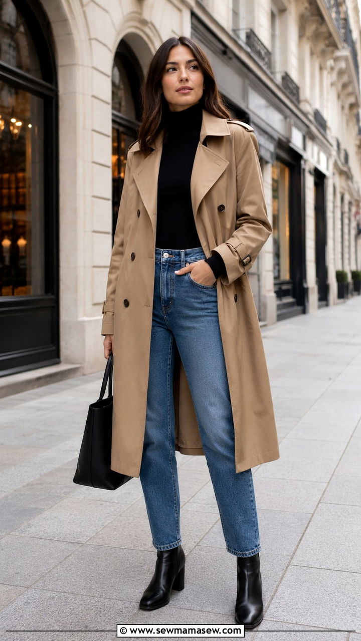 Khaki trench coat with black turtleneck and jeans - 30 Khaki trench coat outfit ideas with a sweater