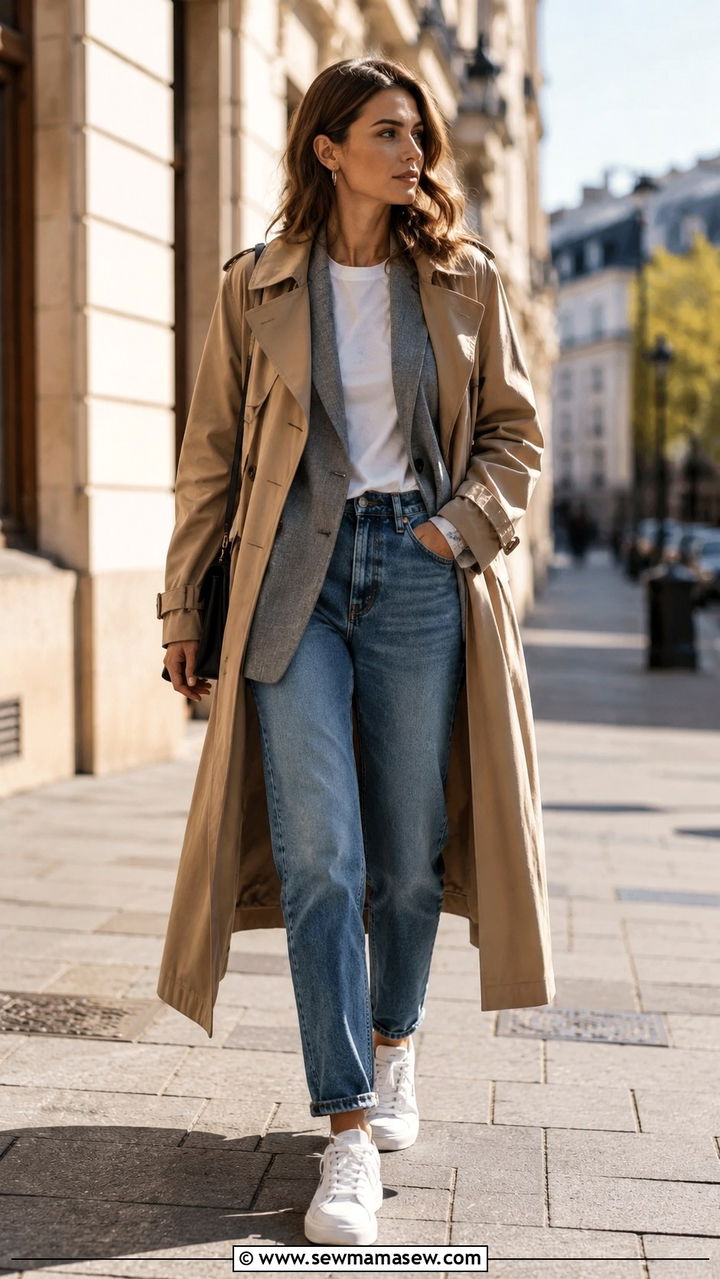 Khaki trench coat with blazer layered outfit and sneakers - 30 Khaki trench coat outfit ideas with sneakers