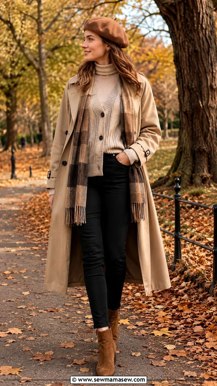 Khaki trench coat with cardigan layered over a turtleneck - 30 Khaki trench coat outfit ideas with a sweater