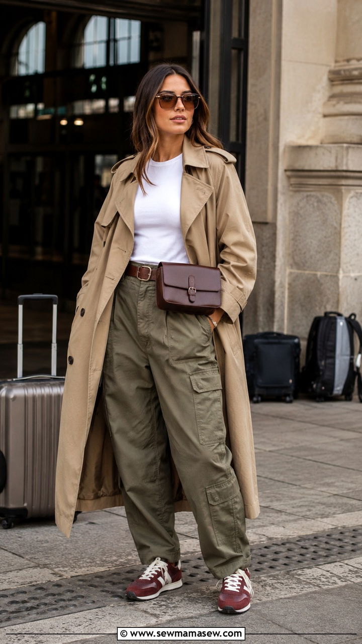 Khaki trench coat with cargo pants and retro sneakers - 30 Khaki trench coat outfit ideas with sneakers