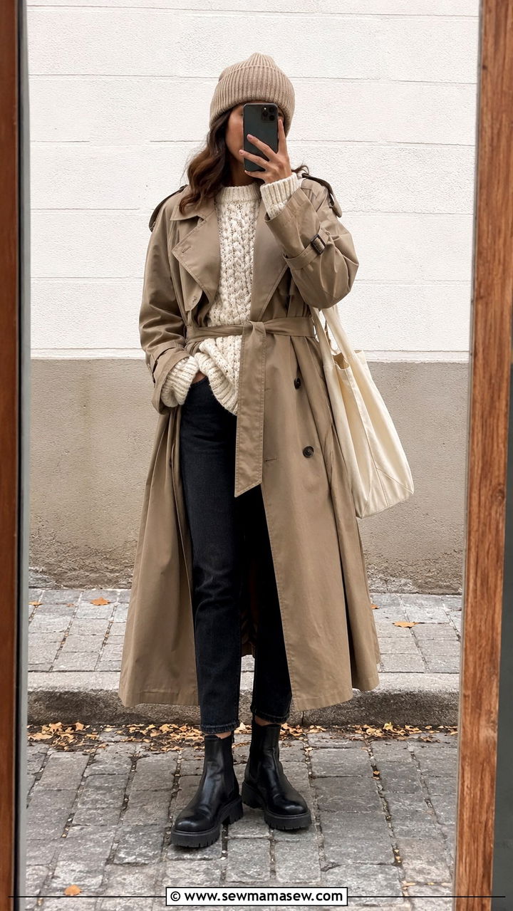 Khaki trench coat with chunky knit sweater and dark jeans - 30 Khaki trench coat outfit ideas with a sweater