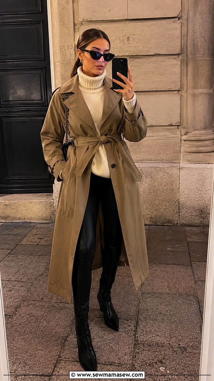 Khaki trench coat with chunky knit sweater and faux leather leggings - 30 Khaki trench coat outfit ideas with a sweater