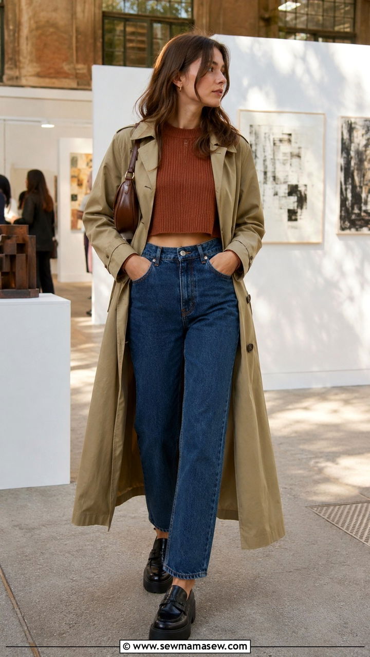 Khaki trench coat with cropped sweater and high waist jeans - 30 Khaki trench coat outfit ideas with a sweater