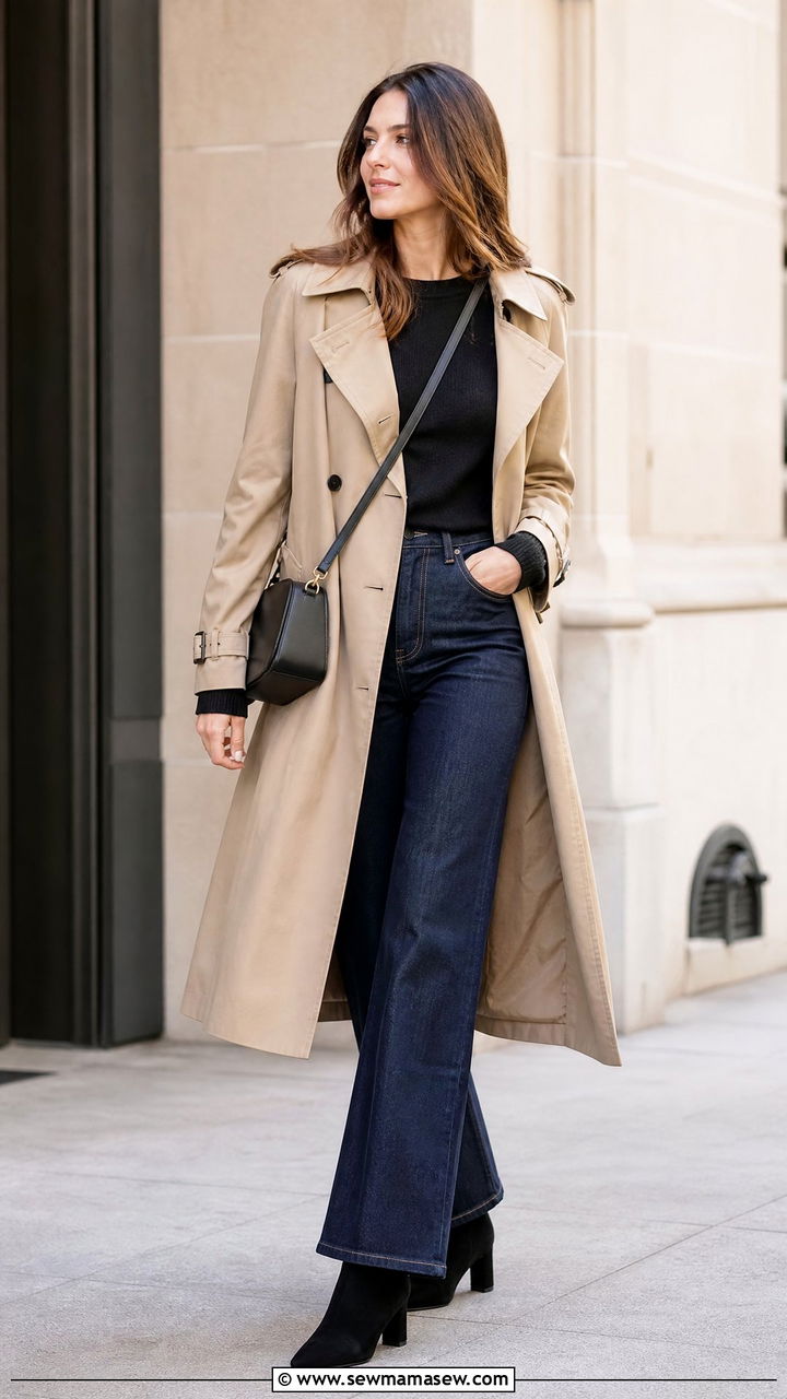 Khaki trench coat with dark wash flare jeans and heeled ankle boots - 30 Flare jeans outfit ideas with a trench coat