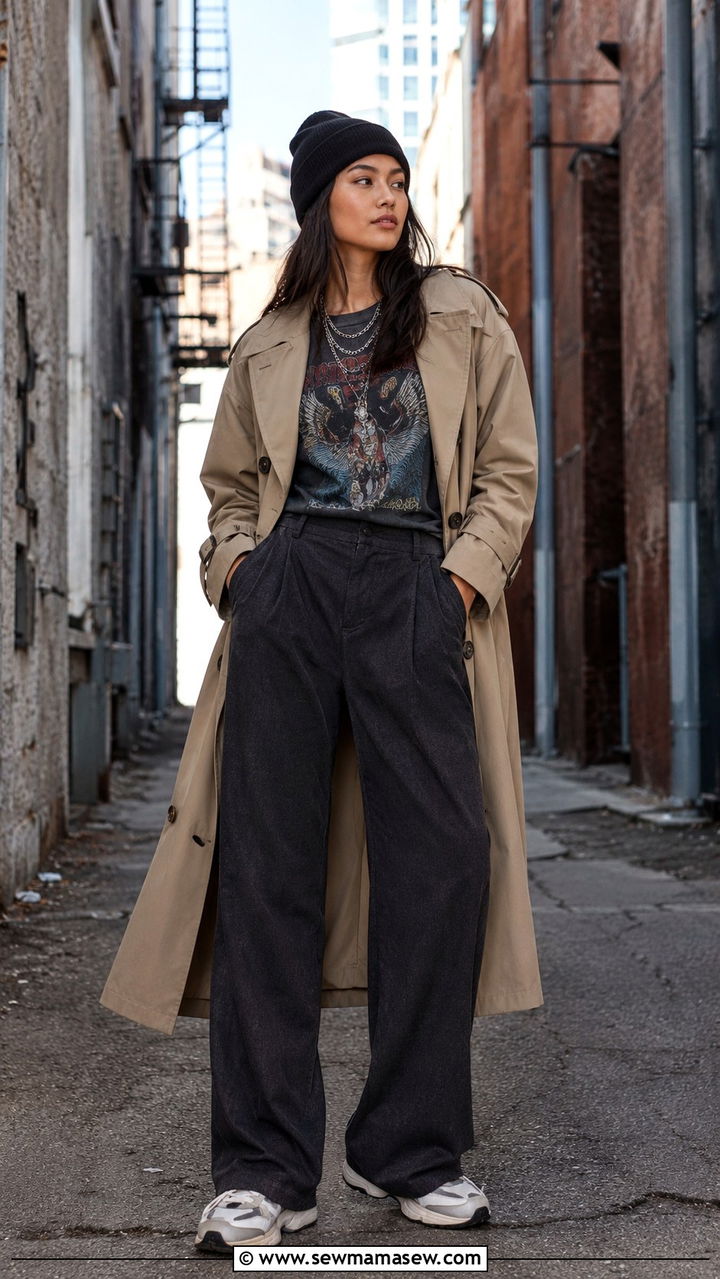 Khaki trench coat with graphic tee and wide leg trousers - 30 Khaki trench coat outfit ideas with sneakers