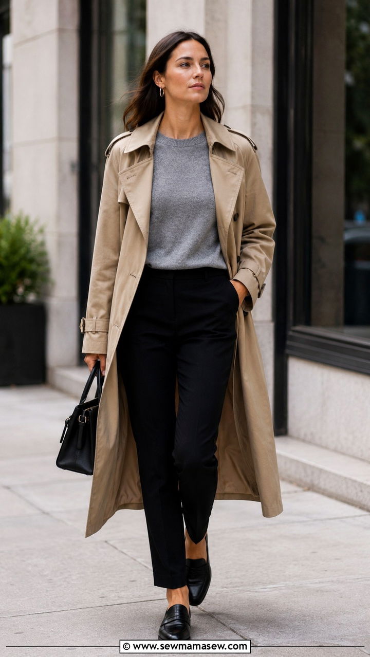 Khaki trench coat with gray crewneck sweater and black pants - 30 Khaki trench coat outfit ideas with a sweater