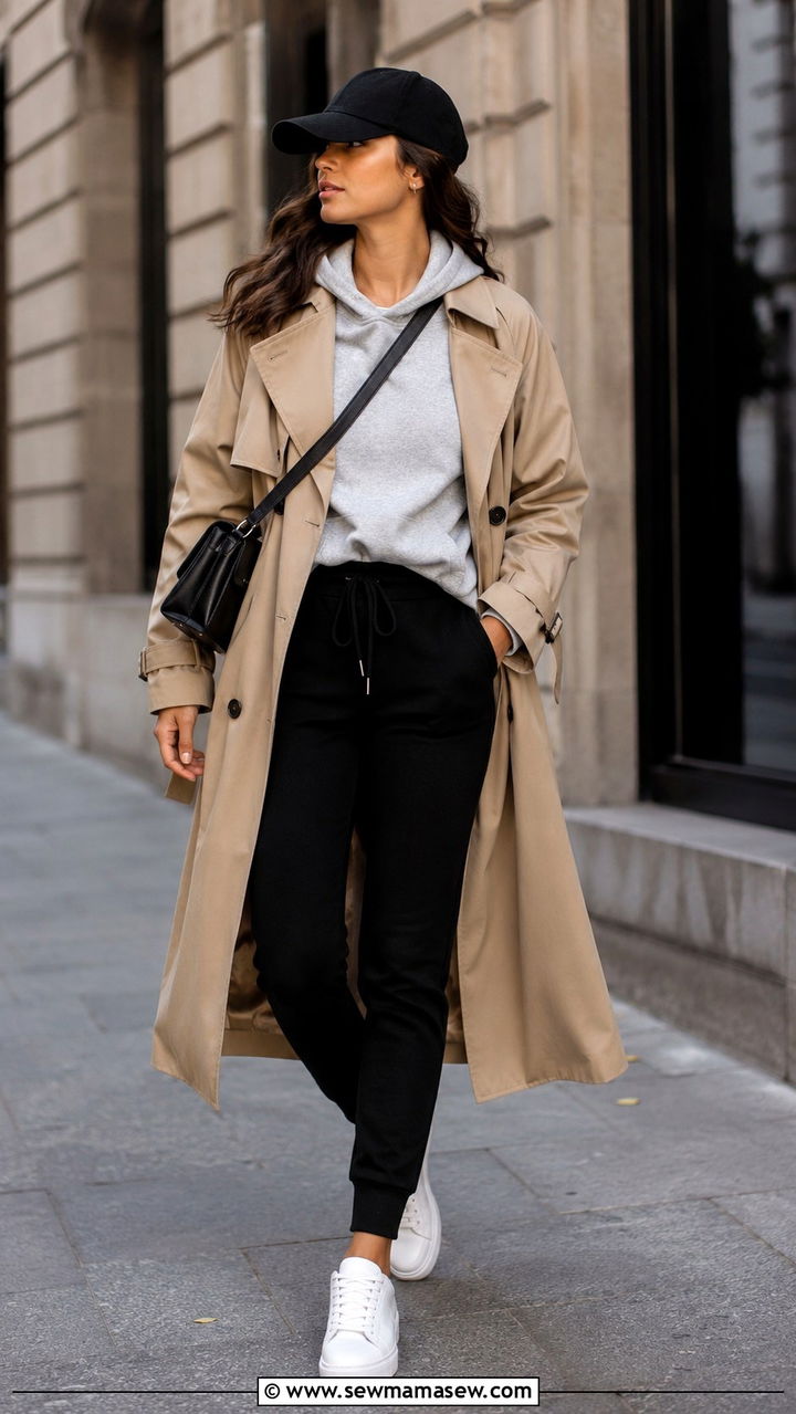 Khaki trench coat with hoodie and joggers - 30 Khaki trench coat outfit ideas with a sweater