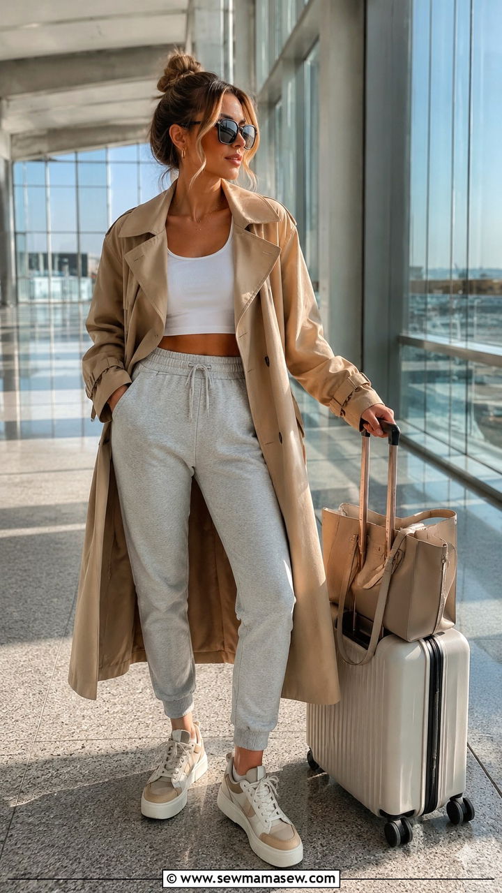 Khaki trench coat with joggers and platform sneakers - 30 Khaki trench coat outfit ideas with sneakers