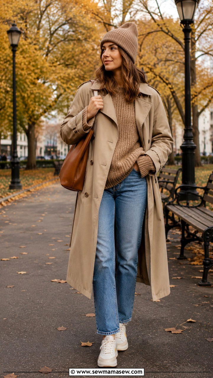 Khaki trench coat with knit sweater and straight leg jeans - 30 Khaki trench coat outfit ideas with sneakers