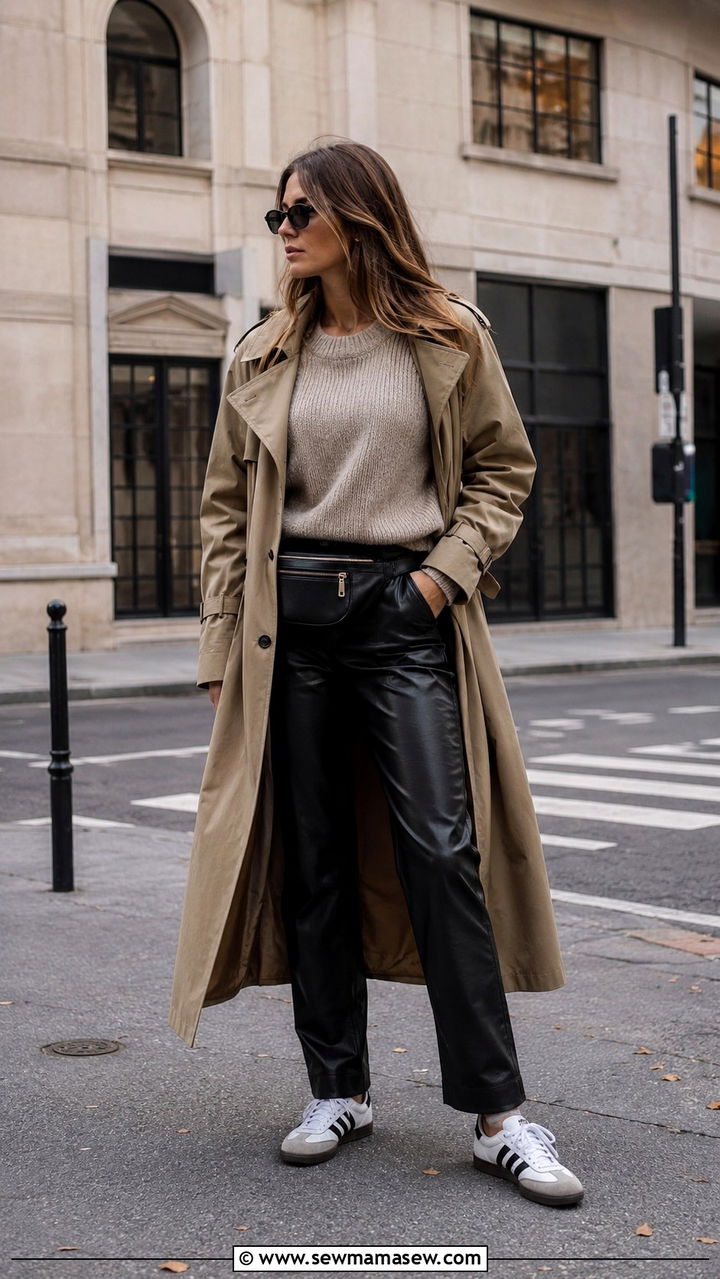 Khaki trench coat with leather pants and retro sneakers - 30 Khaki trench coat outfit ideas with sneakers