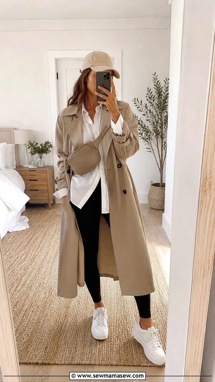 Khaki trench coat with leggings and chunky sneakers - 30 Khaki trench coat outfit ideas with sneakers
