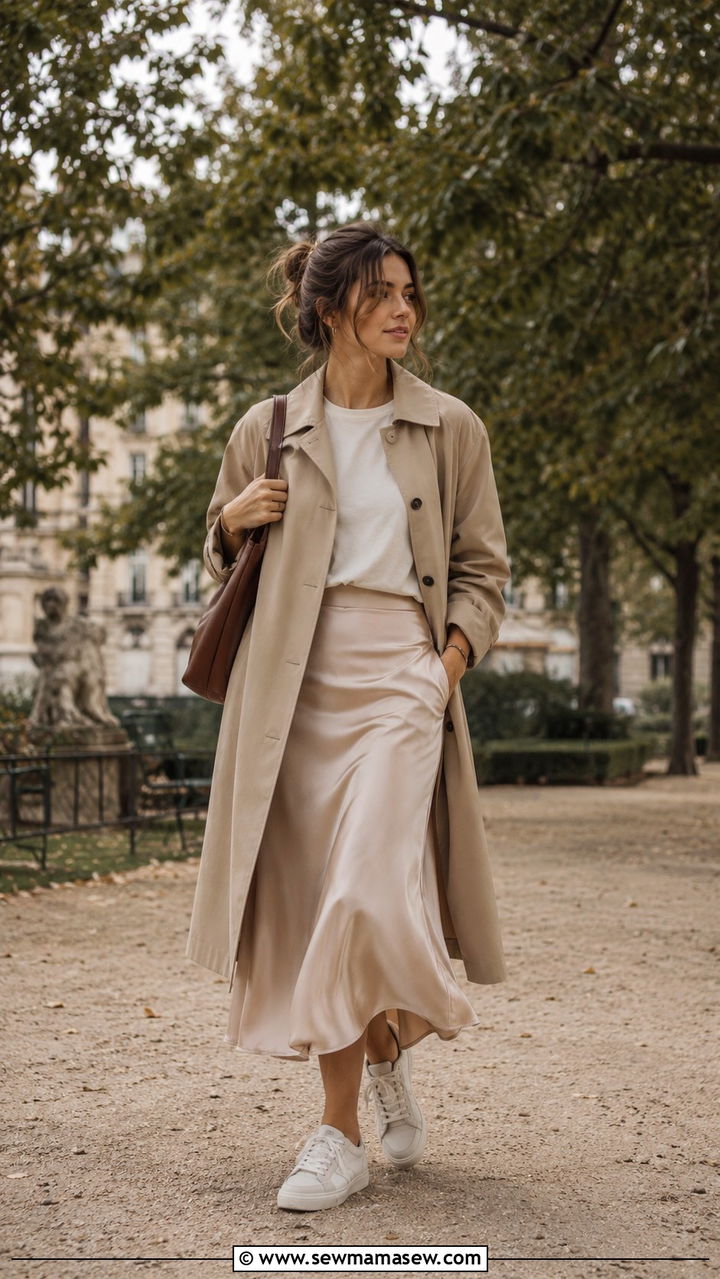 Khaki trench coat with midi skirt and low top sneakers - 30 Khaki trench coat outfit ideas with sneakers