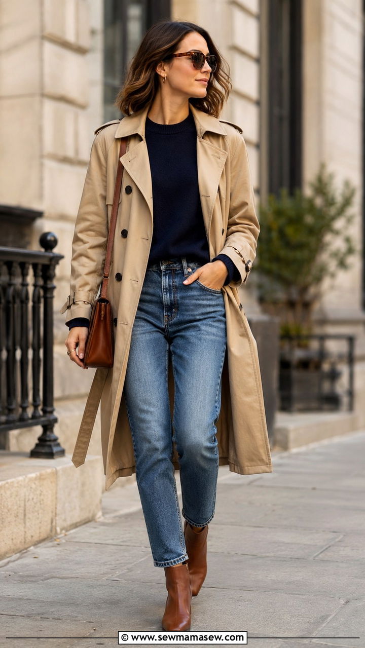 Khaki trench coat with navy sweater and brown ankle boots - 30 Khaki trench coat outfit ideas with a sweater