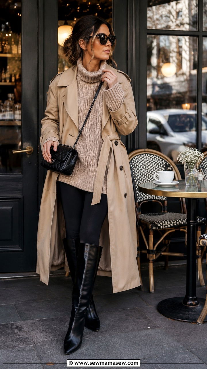 Khaki trench coat with oversized knit sweater and leggings - 30 Khaki trench coat outfit ideas with a sweater