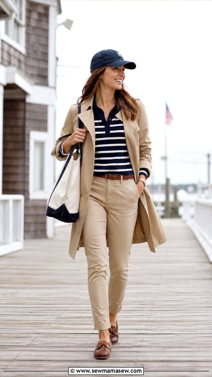 Khaki trench coat with polo sweater and boat shoes - 30 Khaki trench coat outfit ideas with a sweater