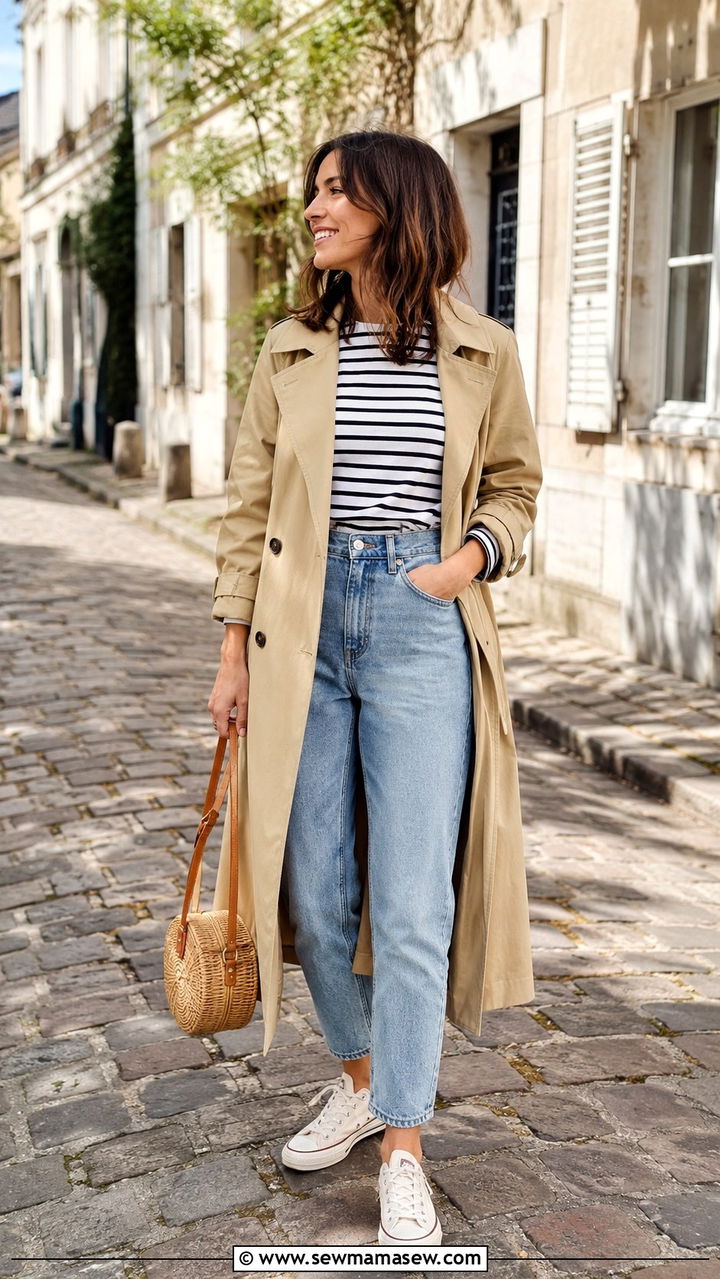 Khaki trench coat with striped shirt and blue jeans - 30 Khaki trench coat outfit ideas with sneakers
