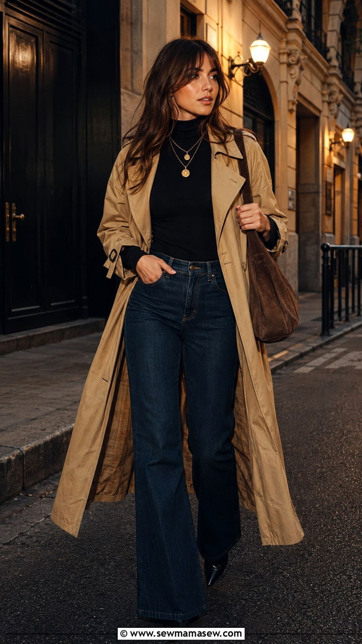Khaki trench coat with sweater and bootcut jeans - 30 Khaki trench coat outfit ideas with a sweater