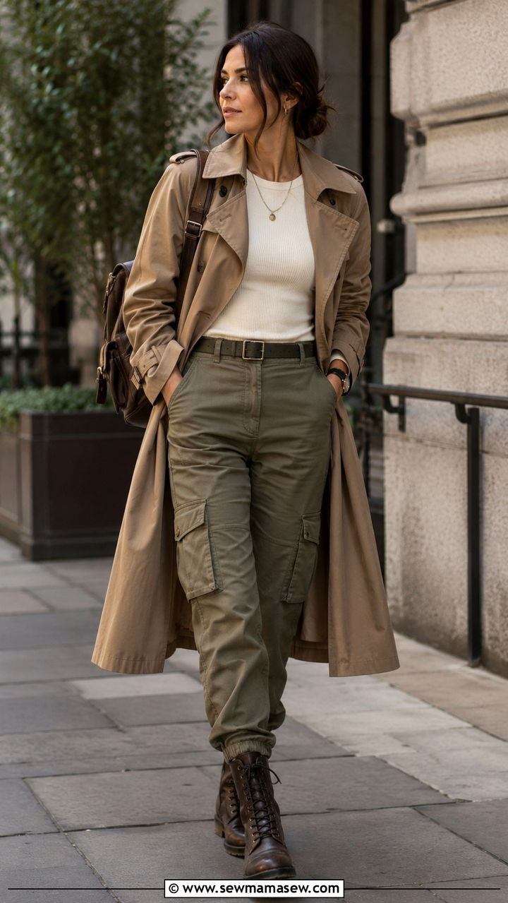 Khaki trench coat with sweater and cargo pants - 30 Khaki trench coat outfit ideas with a sweater