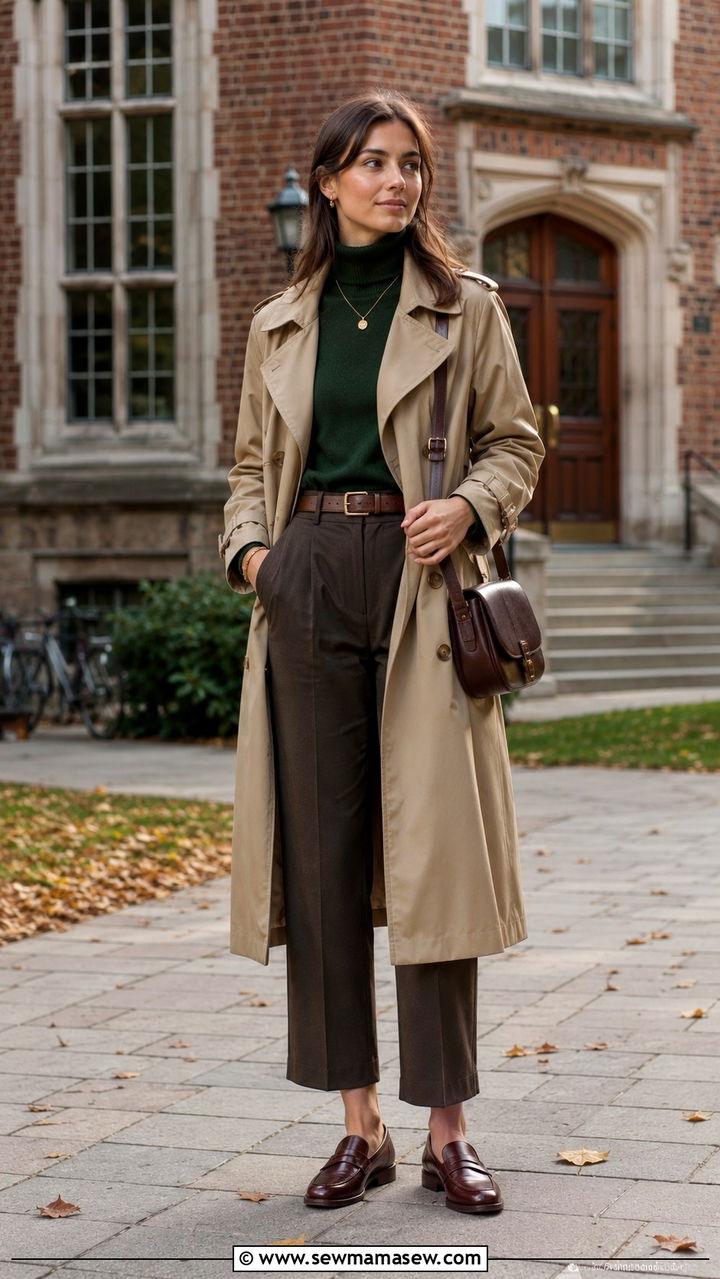 Khaki trench coat with sweater and penny loafers - 30 Khaki trench coat outfit ideas with a sweater