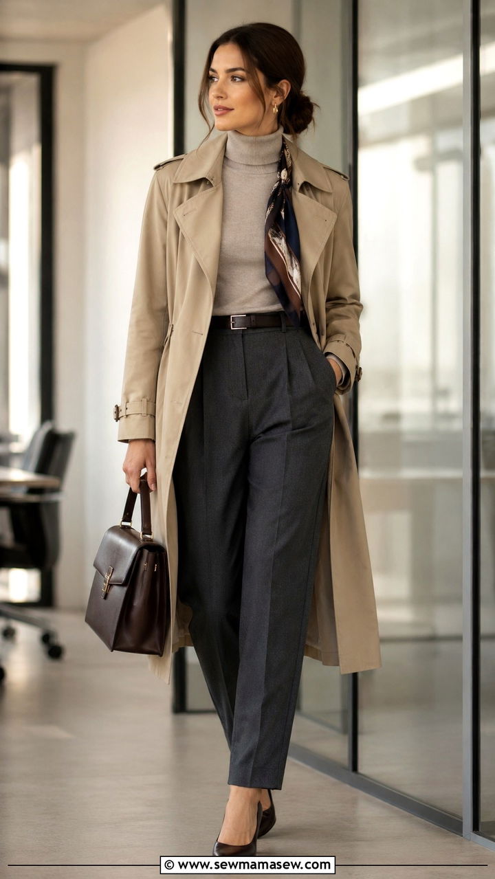 Khaki trench coat with sweater and tailored pleated trousers - 30 Khaki trench coat outfit ideas with a sweater