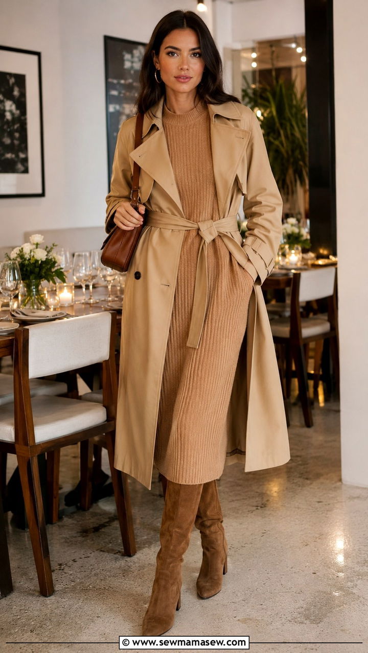 Khaki trench coat with sweater dress and knee high boots - 30 Khaki trench coat outfit ideas with a sweater