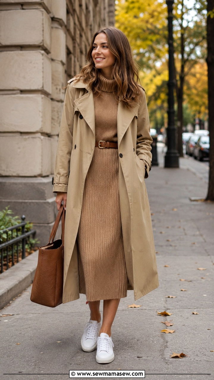 Khaki trench coat with sweater dress and sneakers - 30 Khaki trench coat outfit ideas with sneakers