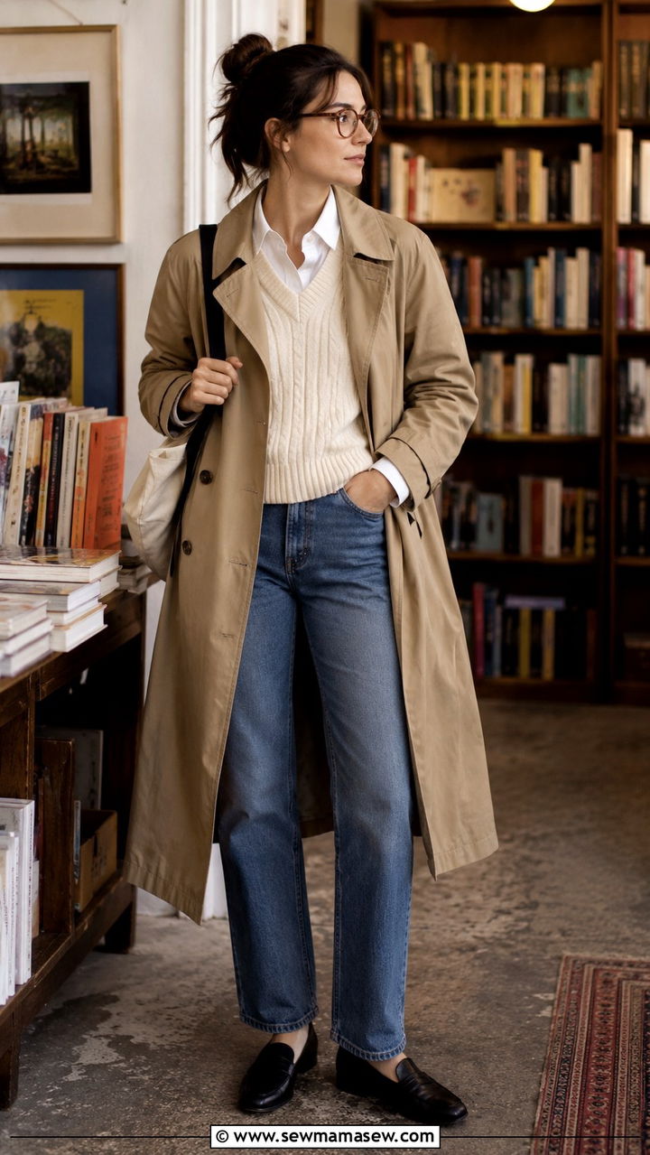 Khaki trench coat with sweater vest and straight leg jeans - 30 Khaki trench coat outfit ideas with a sweater