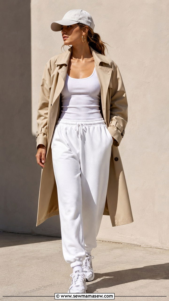 Khaki trench coat with sweatpants and athletic sneakers - 30 Khaki trench coat outfit ideas with sneakers