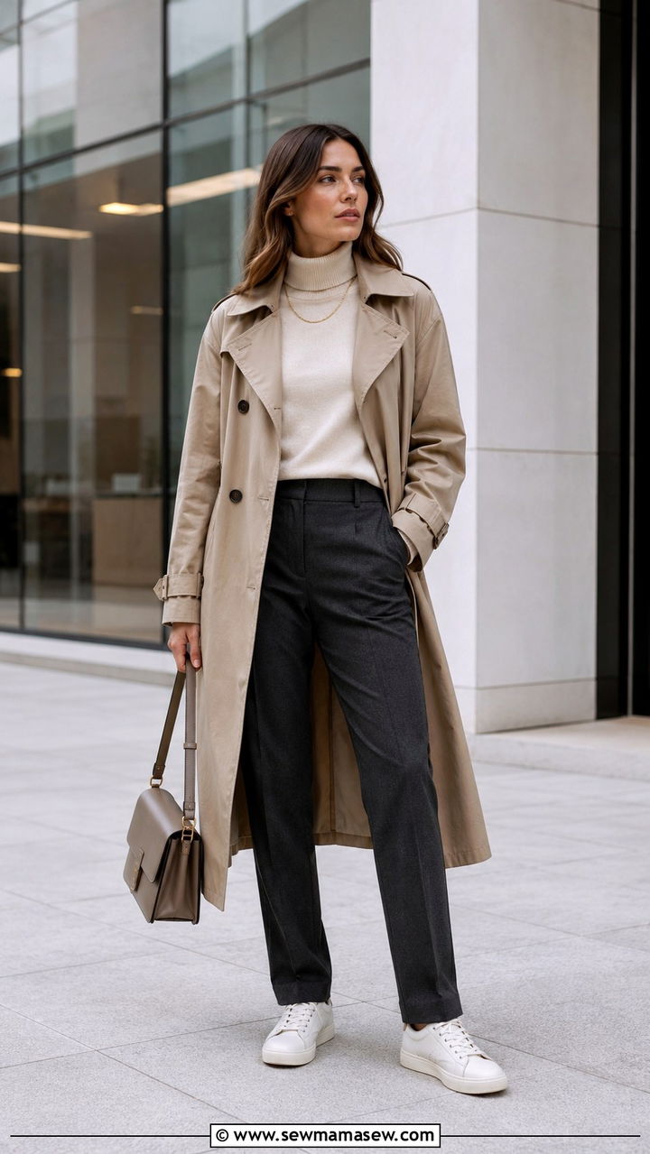 Khaki trench coat with turtleneck and tailored trousers - 30 Khaki trench coat outfit ideas with sneakers