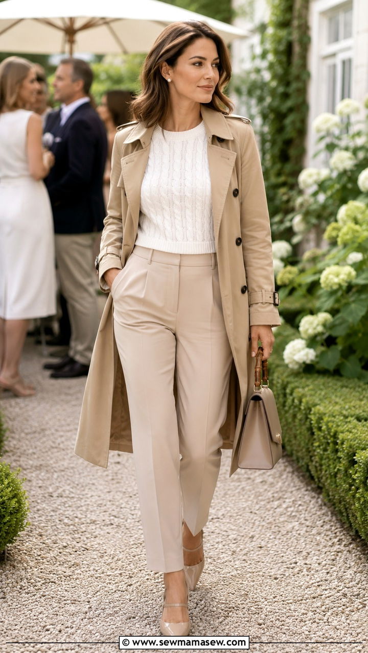 Khaki trench coat with white cable knit sweater and beige trousers - 30 Khaki trench coat outfit ideas with a sweater