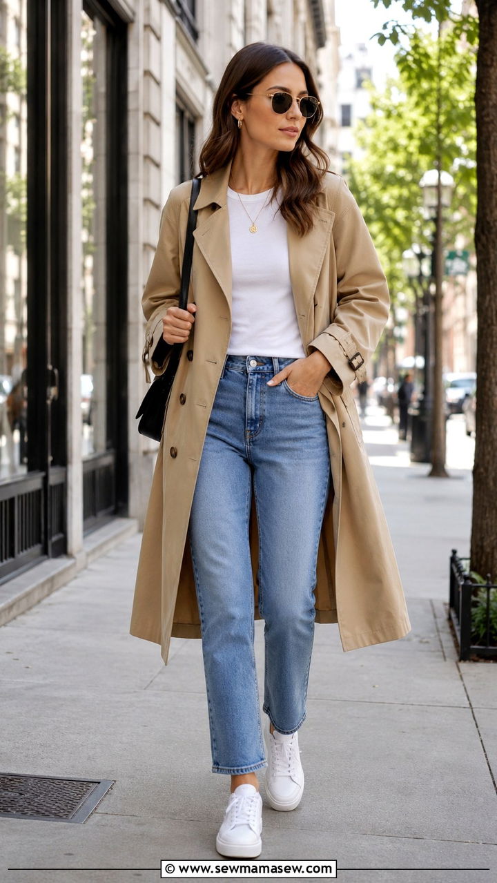 Khaki trench coat with white sneakers and straight leg jeans - 30 Khaki trench coat outfit ideas with sneakers