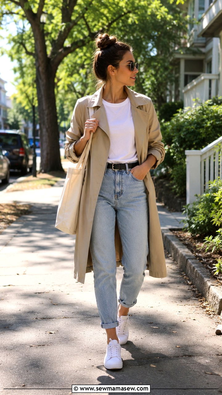 Khaki trench coat with white tee and mom jeans sneakers - 30 Khaki trench coat outfit ideas with sneakers