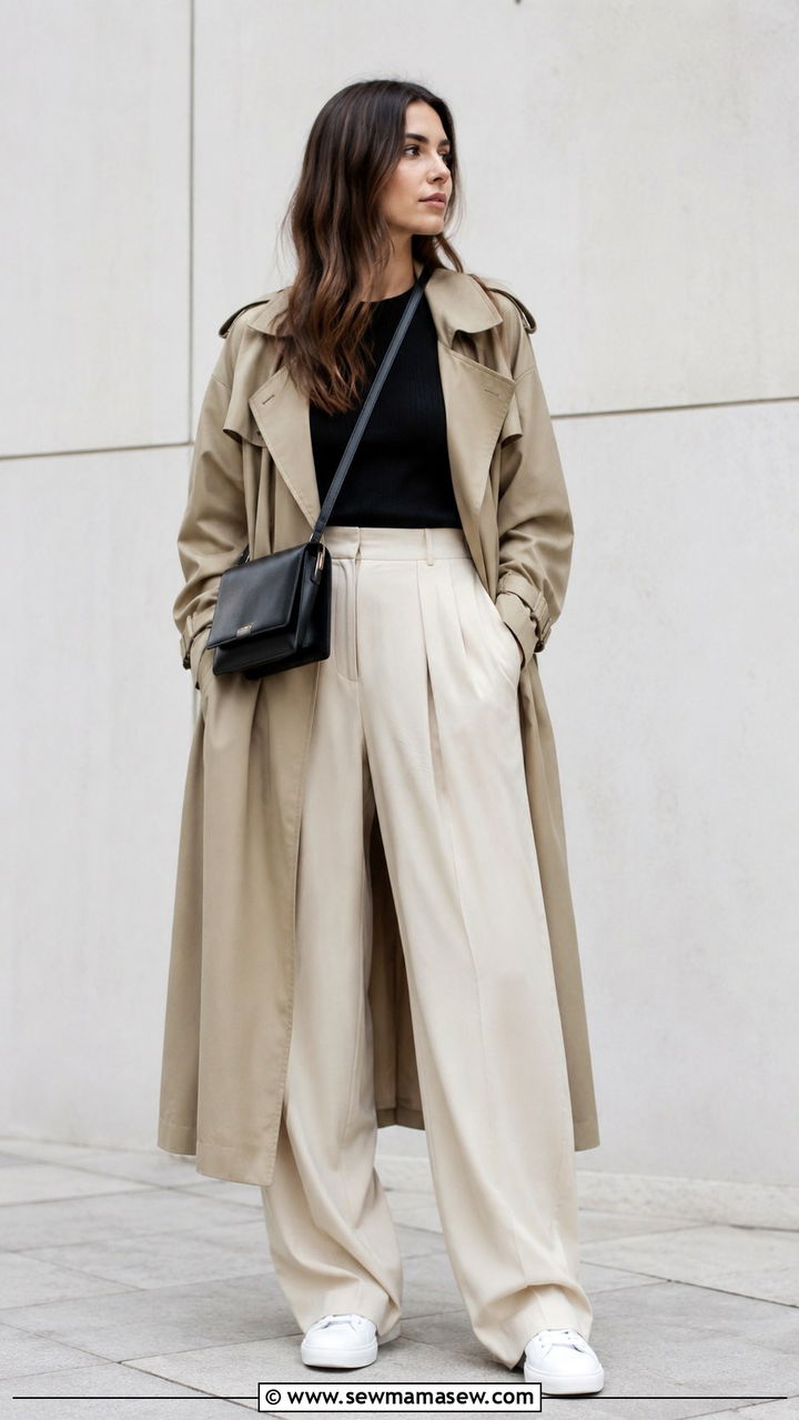 Khaki trench coat with wide leg trousers and sneakers - 30 Khaki trench coat outfit ideas with sneakers