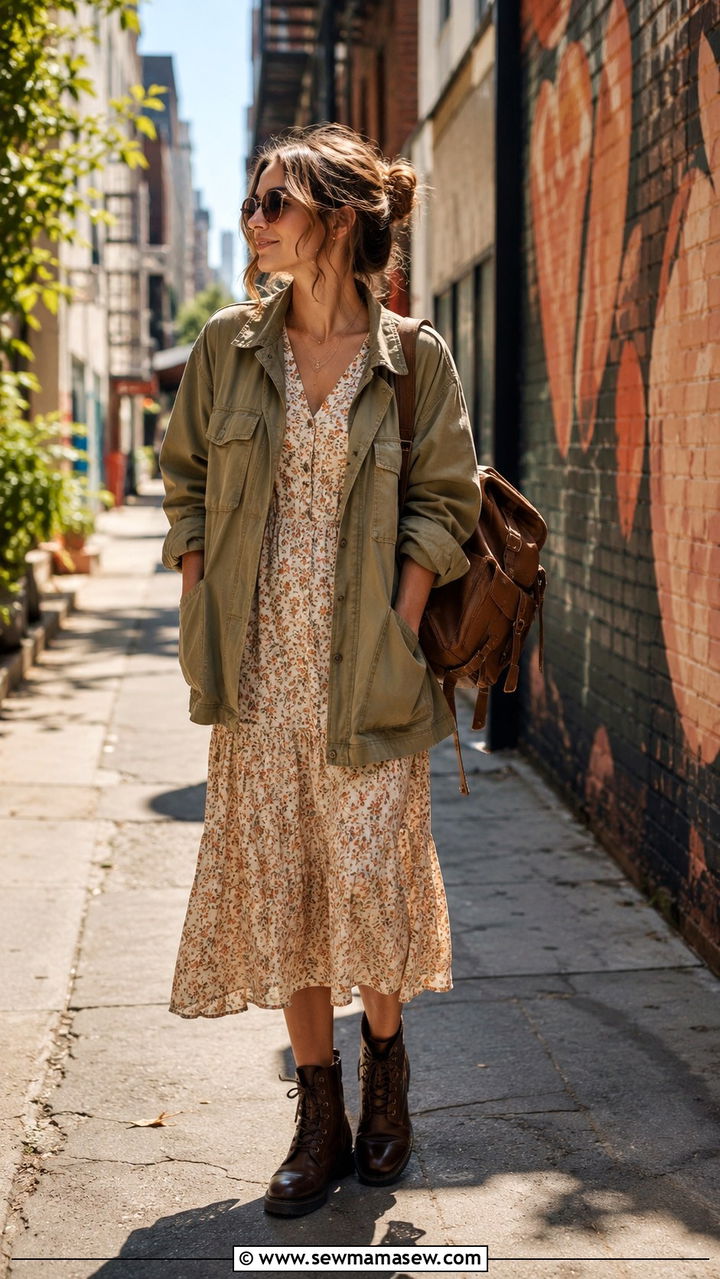 Khaki utility jacket with a midi dress and combat boots - 25 2026 outfits