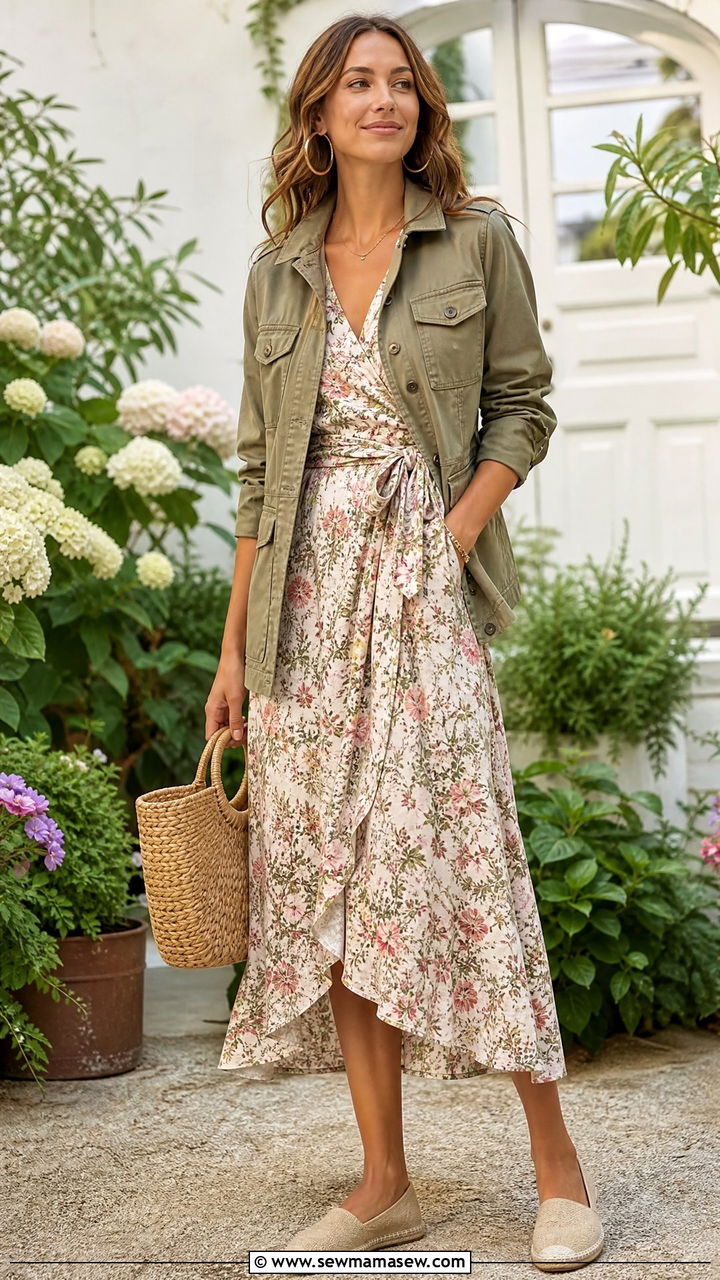Khaki utility jacket with floral midi dress - 30 Summer outfits with utility jackets
