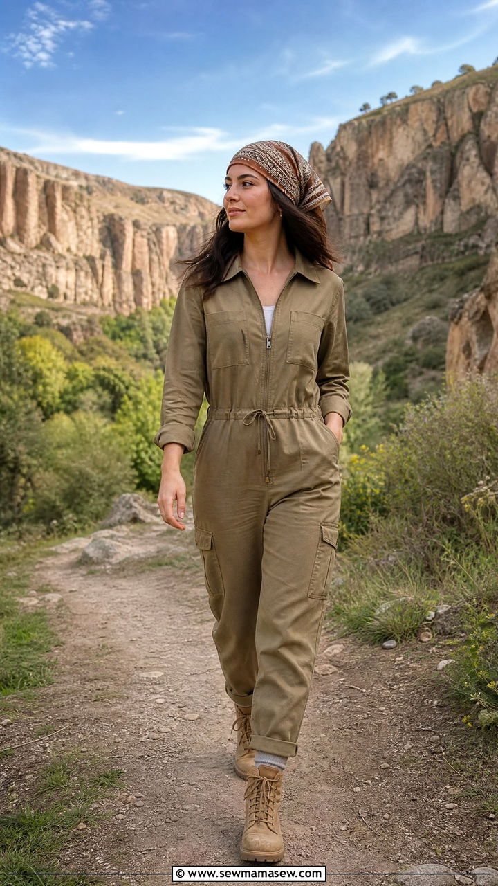 Khaki utility jumpsuit with hiking boots Cappadocia - 25 Cappadocia outfit ideas