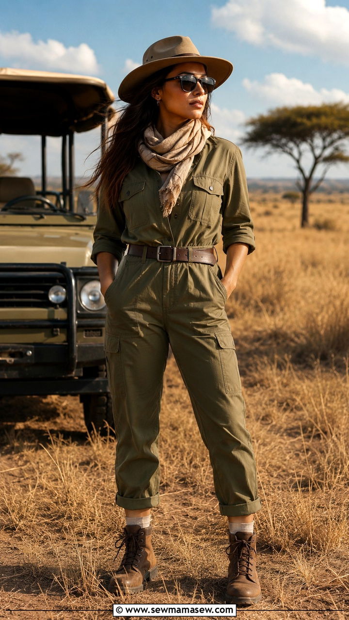 Khaki utility jumpsuit with hiking boots for adventure safari - 25 Travel outfit ideas for honeymoon